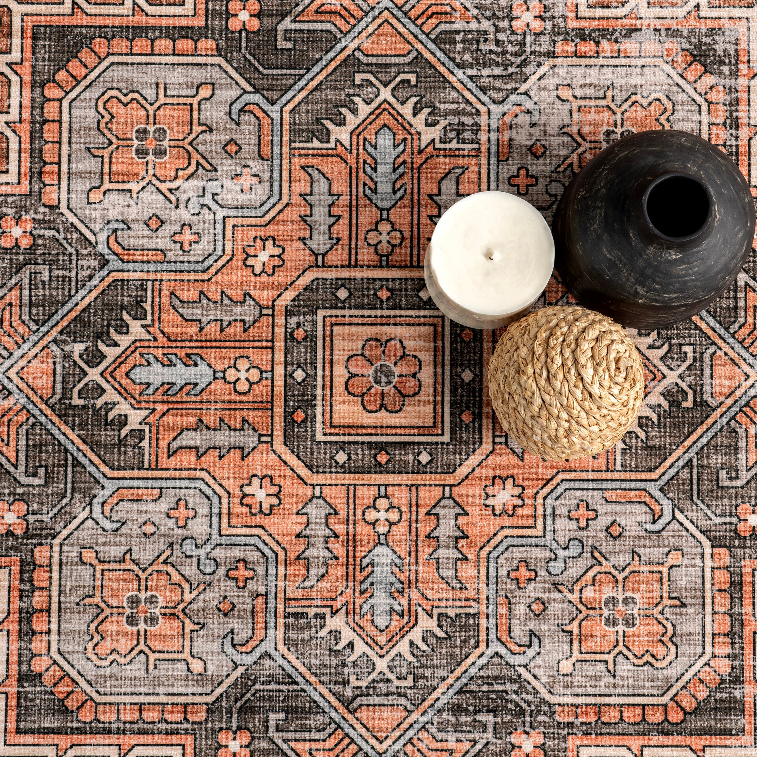 Ginevra Moody Medallion Spill Proof Washable Rug - Sienna Brown | Non-Slip Kitchen Bathroom Rug | Perfect for Living Room, Bedroom, Entryway & High Traffic Areas