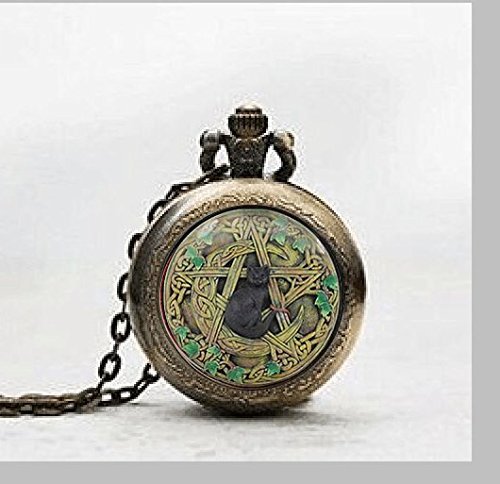 Wiccan Black Cat Pendant Pocket Watch Necklace - Gothic Glass Tile Charm Jewelry for Women - Perfect for Wiccan Rituals, Halloween Costumes & Gothic Fashion Accessories