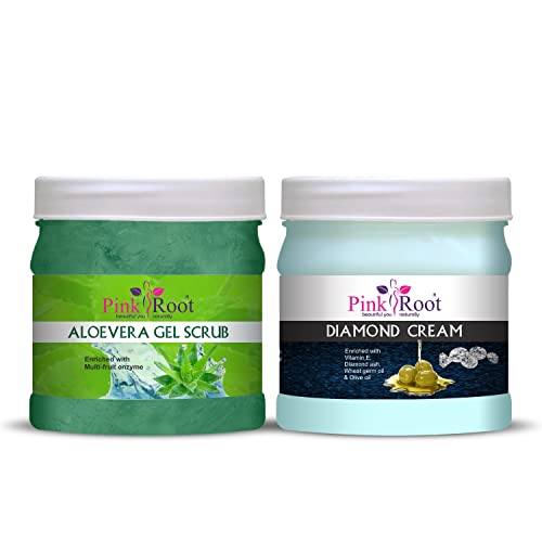 Organic Pink Root Aloe Vera Face & Body Scrub 500gm + Diamond Brightening Cream 500gm - Hydrating Exfoliator for Glowing Skin, Acne Treatment & Dark Spot Removal - Perfect for Daily Skincare Routine & Spa Treatments