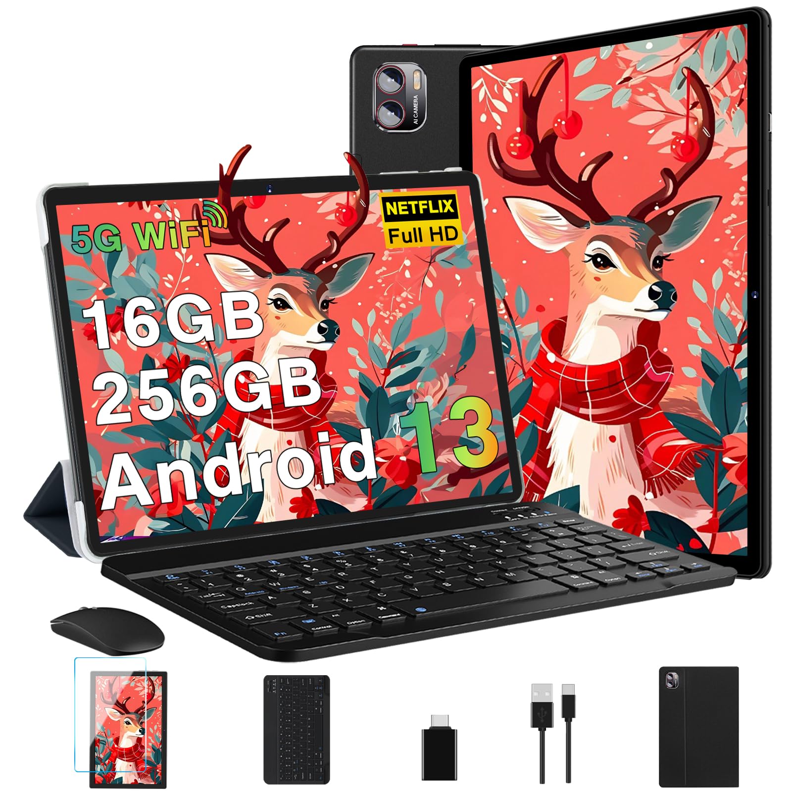 10.36 Inch Android 13 Tablet with 2K Screen | 16GB RAM + 256GB ROM (Expandable to 1TB) | 2000x1200 Resolution | 5G WiFi | 8600mAh Battery | 5MP+13MP Cameras | Includes Keyboard & Mouse (Black) - Perfect for Work, Study, and Entertainment