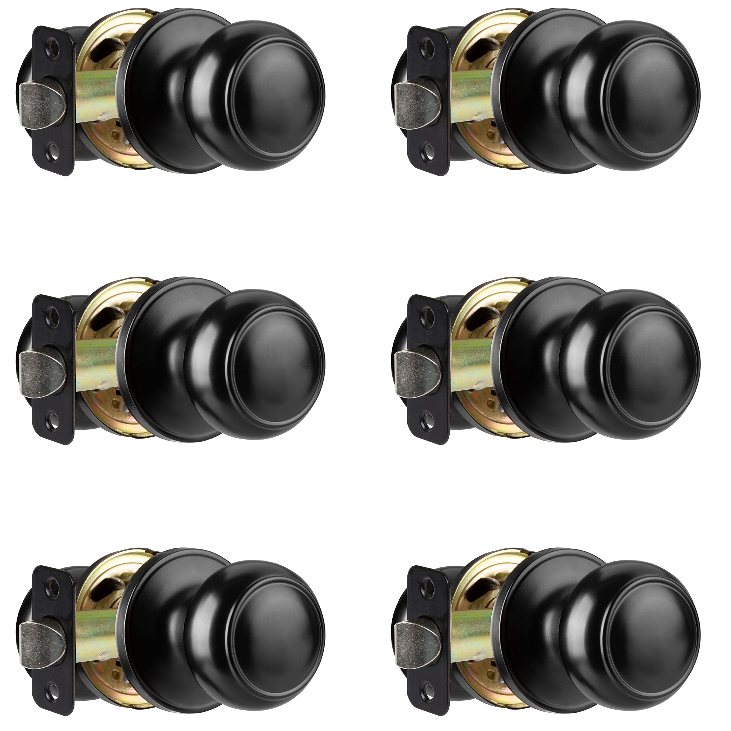 Crutello Matte Black Keyless Non-Locking Round Door Knob Set of 6 - Versatile Interior Door Handle for Hallway, Closet, Bedroom & Office - Smooth Operation & Easy Installation for Home & Commercial Use