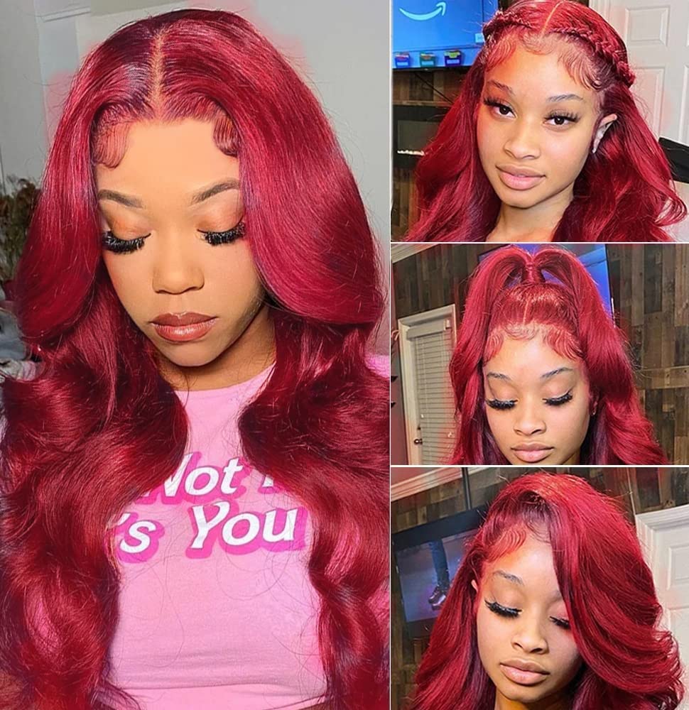 28Inch 180% Density 99J Burgundy Human Hair Lace Front Wig - Bleached Knots, Body Wave, 13x4x1 T-Part Lace, Pre-Plucked Natural Hairline | Perfect for Cosplay, Daily Wear & Special Occasions