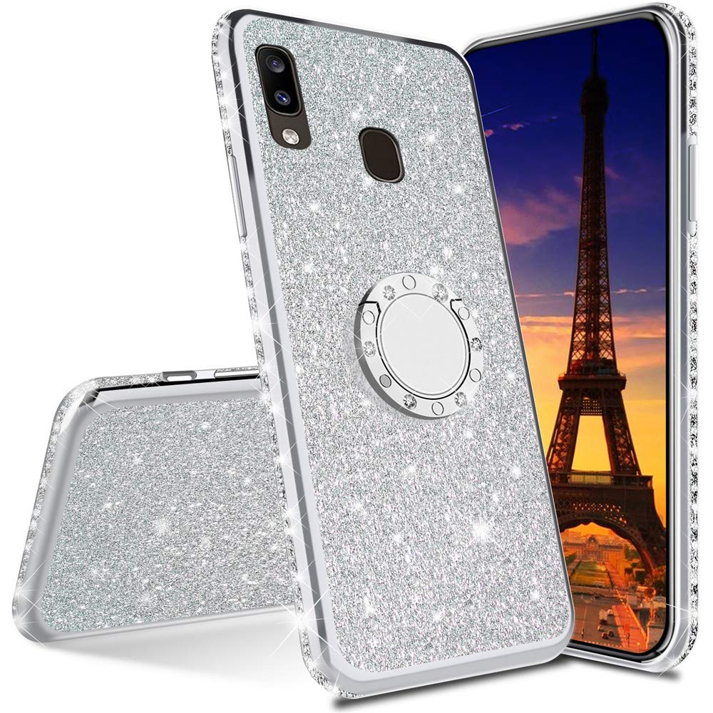 Sparkly Pink Rhinestone Bling Case for Samsung Galaxy A30/A20 - Cute Girly Glitter Diamond TPU Protective Cover with Ring Kickstand | Perfect for Parties, Daily Use & Fashion Accessories (Silver)