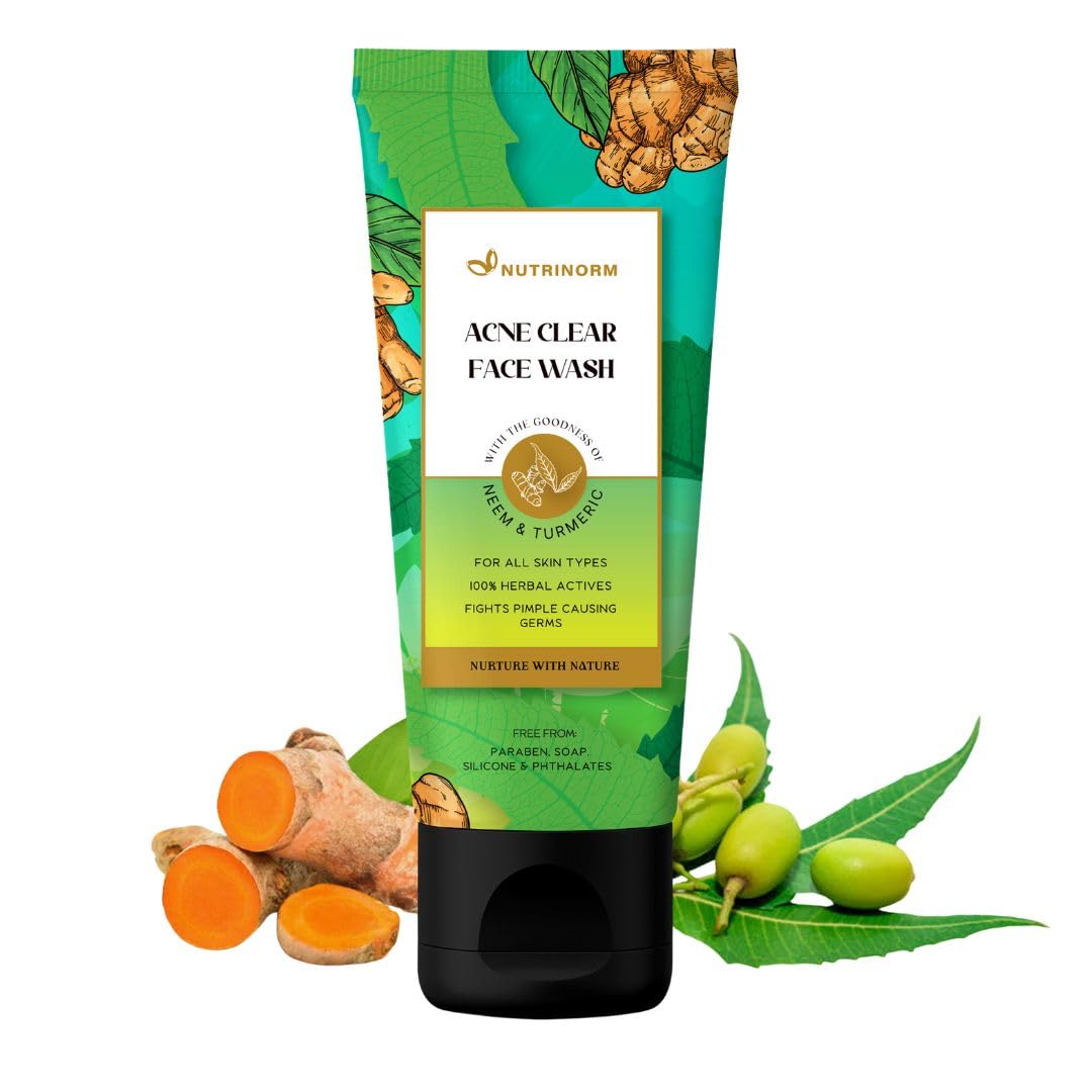 Nutrinorm Acne Clear Face Wash with AHA & BHA Synergy | 5% Curcumin & Neem Exfoliators | Gentle No Micro-Tears Formula | Photoprotectant for Radiant Skin | 100ml | Daily Acne Treatment for Oily & Sensitive Skin | Perfect for Morning & Night Skincare Routine
