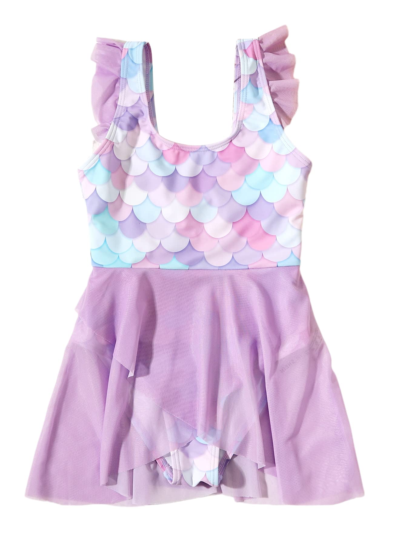 Milumia Girls' Cute Fish Scale Print One Piece Swimsuit with Ruffle Trim - Bathing Suit for Toddler & Kids - Perfect for Beach, Pool, and Summer Water Activities