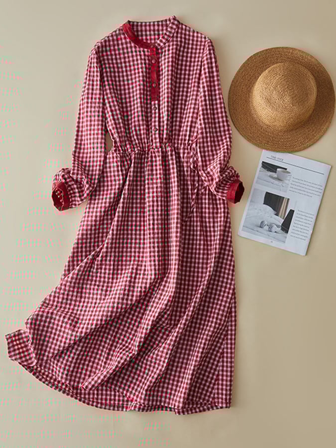 Lovevop Women's Cotton Linen Plaid A-Line Dress with Lace-Up Waist - Casual Summer Flowy Dress for Beach, Picnic and Daily Wear