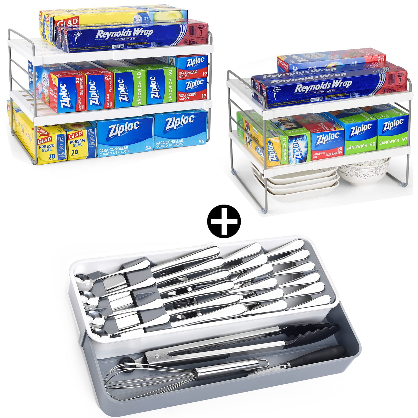 2-Pack Foil and Plastic Wrap Organizer with Expandable Silverware Storage Tray - Kitchen Drawer Organizer for Aluminum Foil, Plastic Wrap, Utensils - Perfect for Pantry, RV, Dorm Organization