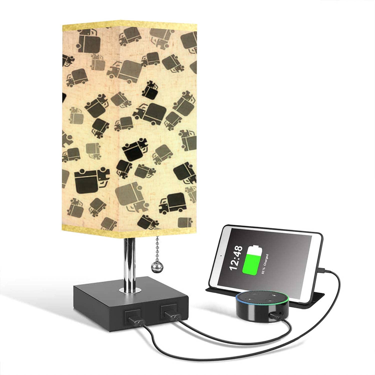 Modern Dimmable Square Nightstand Lamp with 2 USB Ports - Black Truck Design & White Fabric Shade - Bedroom Desk Lamp for Living Room, Office & Reading Nook
