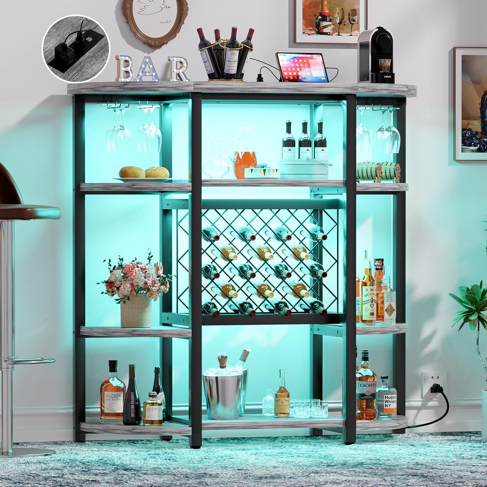 Freestanding Wine Bar Table with Outlet & LED Lights - Industrial Wine Cabinet with Glass Holder & Storage - Modern Home Bar Stand for Kitchen, Dining Room, Living Room - Perfect for Entertaining Guests & Wine Display (Light Oak)