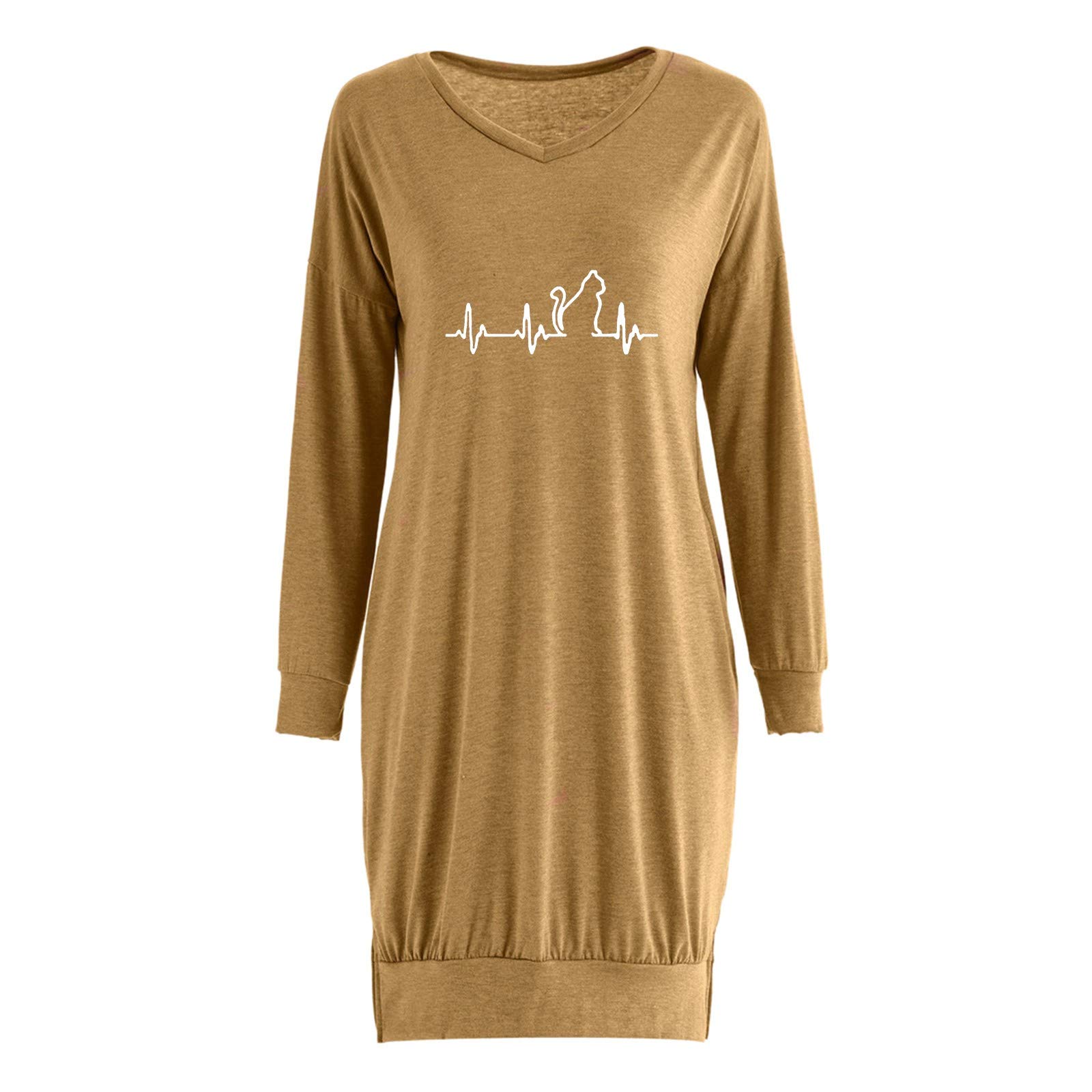 Women's Thin Cotton Long Sleeve V-Neck T-Shirt with Cat Print & Split Pocket - Soft Loose Fit Casual Top for Everyday Wear, Work & Weekend Outings