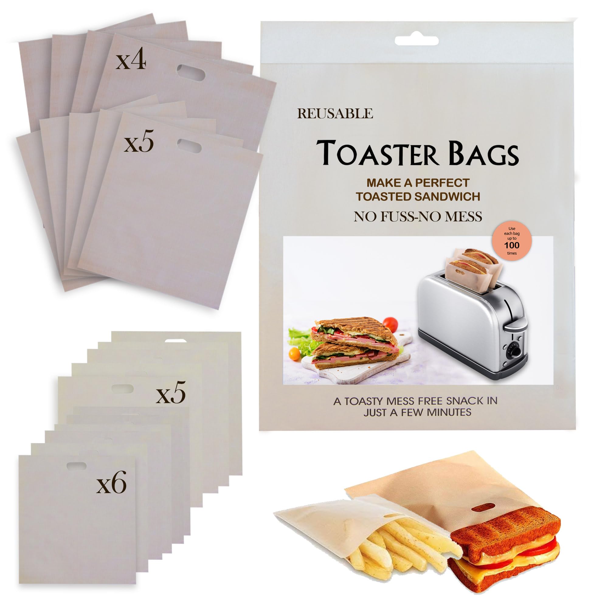 20 Pack Reusable Non-Stick Toaster Bags for Grilled Cheese, Chicken Nuggets & Panini - 4 Sizes - Perfect for Oven, Toaster & Air Fryer - Safe & Easy Cleanup for Quick Meals & Snacks