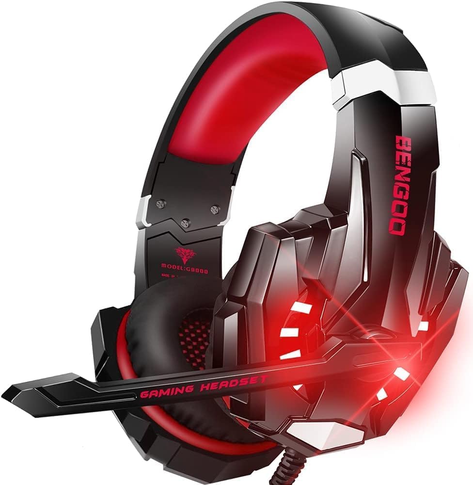BENGOO G9000 Stereo Gaming Headset with Noise Cancelling Mic & LED Light - Compatible with PS4, PC, Xbox One, Nintendo Switch, Laptop & Mac - Soft Memory Earmuffs for Long Gaming Sessions (Red) - Perfect for FPS, RPG & Online Multiplayer Games