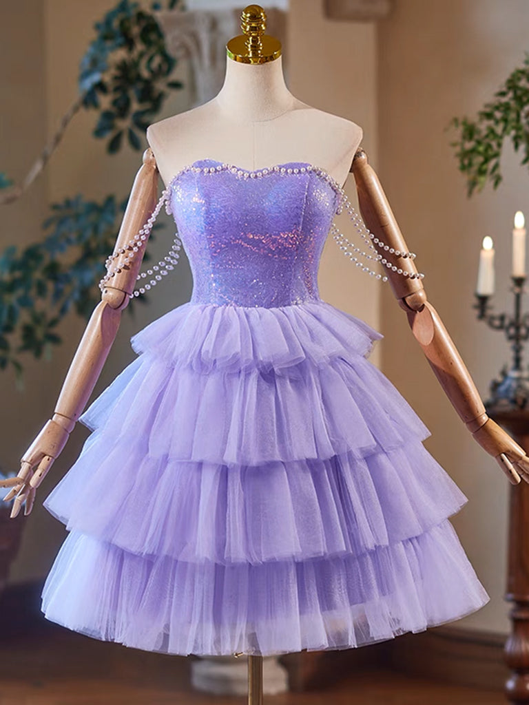 Elegant A-Line Tulle Sequin Purple Short Prom Dress | Sparkling Homecoming Dress for Teens | Perfect for Parties, Dances & Special Occasions