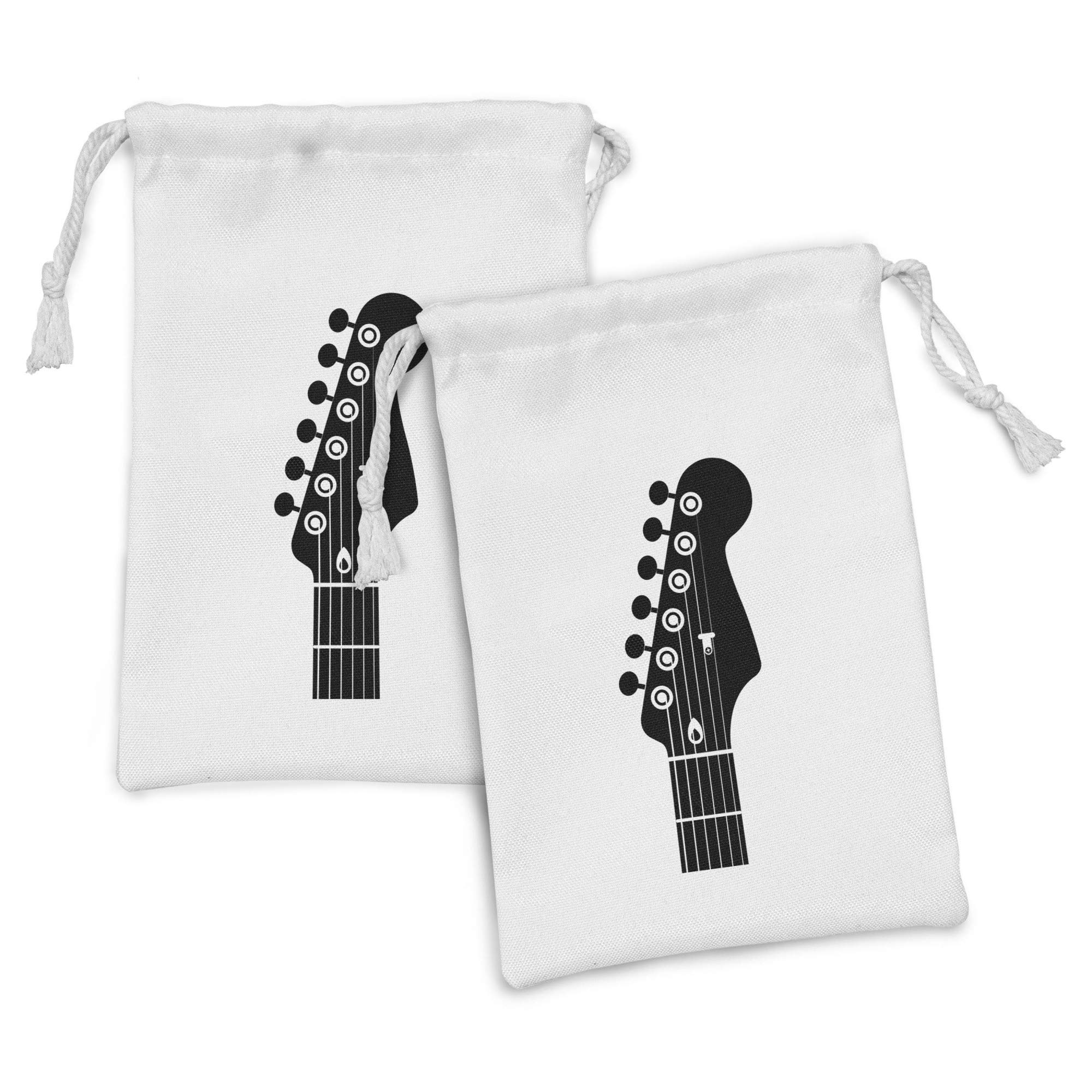 Ambesonne Guitar Fabric Pouch Set of 2 - Monochrome Half Guitar Design with Strings, Small Drawstring Bags for Toiletries, Masks, Jewelry & Party Favors (9