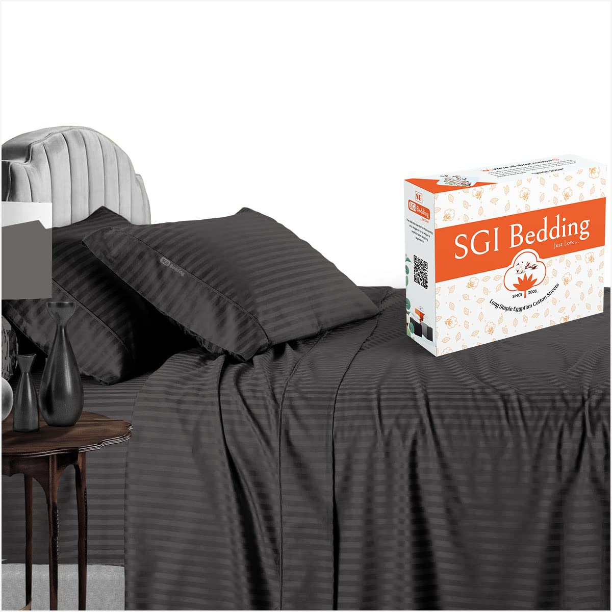 Premium 600 Thread Count 100% Egyptian Cotton Sheet Set - Ultra Soft Sateen Weave 4-Piece Bedding (King Size, Dark Grey Stripe) with 15