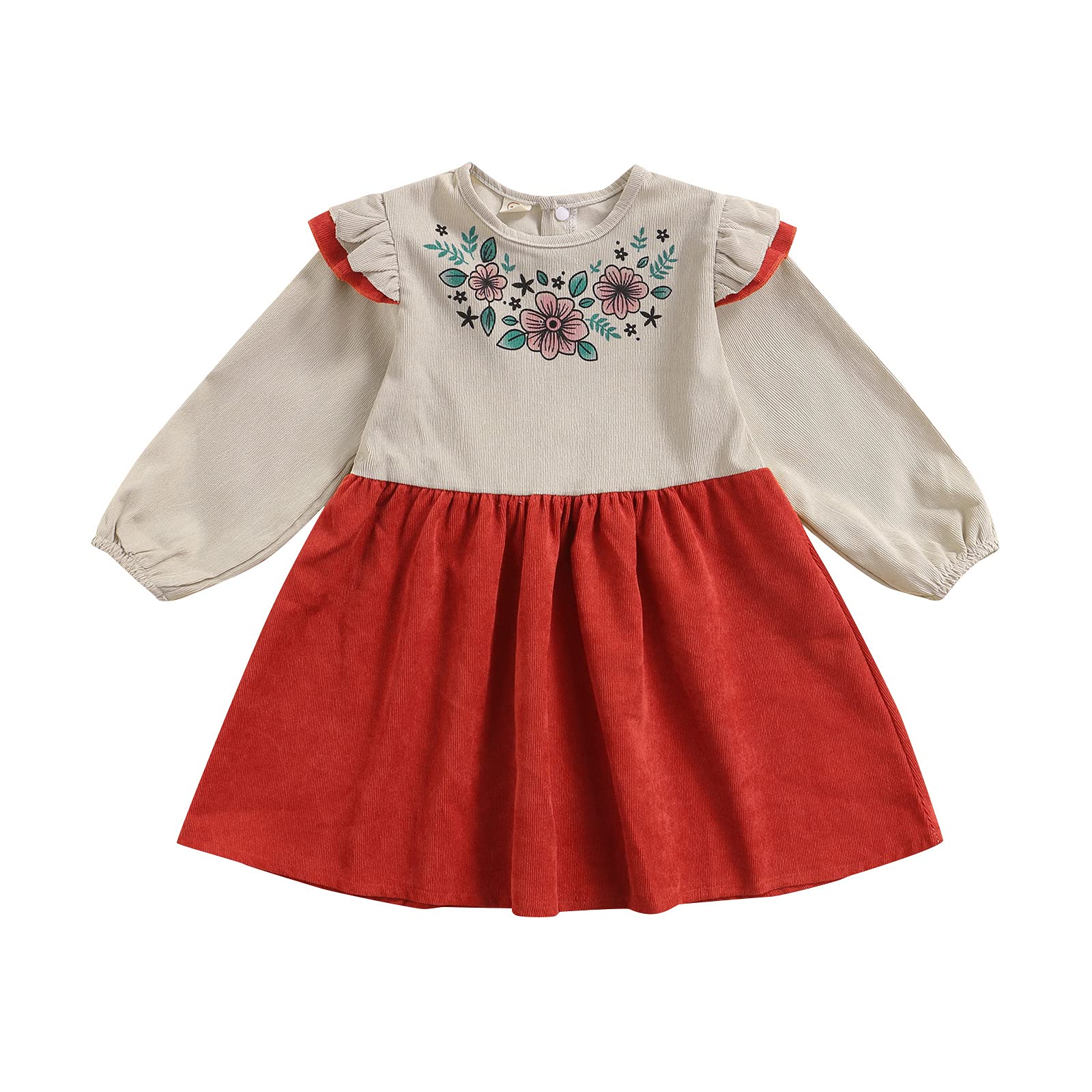 Toddler Baby Girl Corduroy Overall Dress with Ruffles - Long Sleeve Button Down Knee-Length Velvet Dress for Winter - Perfect for Holiday Photos, Christmas Parties & Family Gatherings