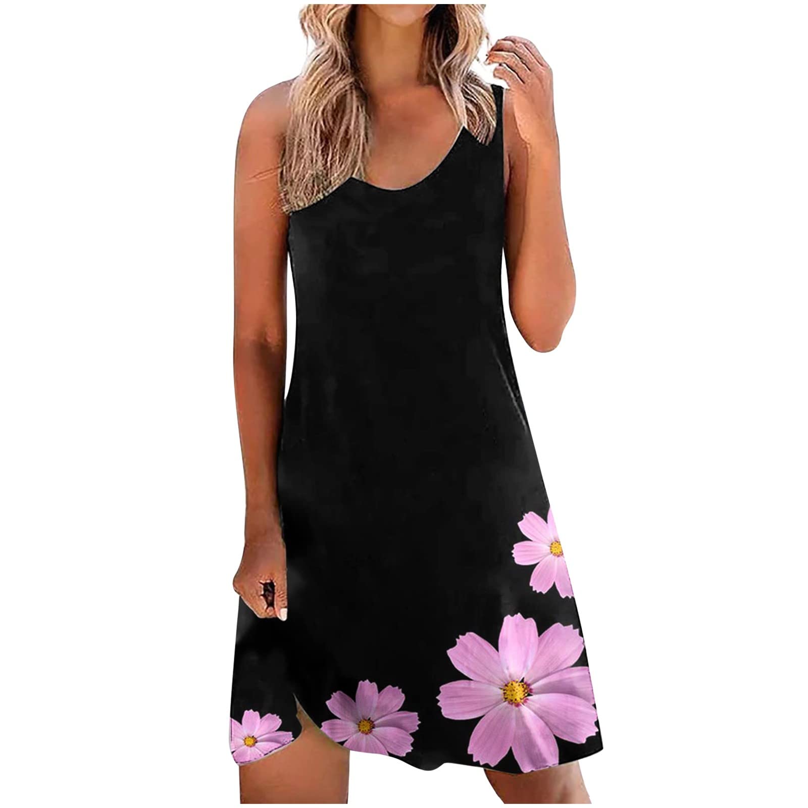 Women's Floral Printed Beach Sundress - Round Neck Sleeveless Loose Casual Dress for Summer Vacation, Poolside, and Tropical Getaways