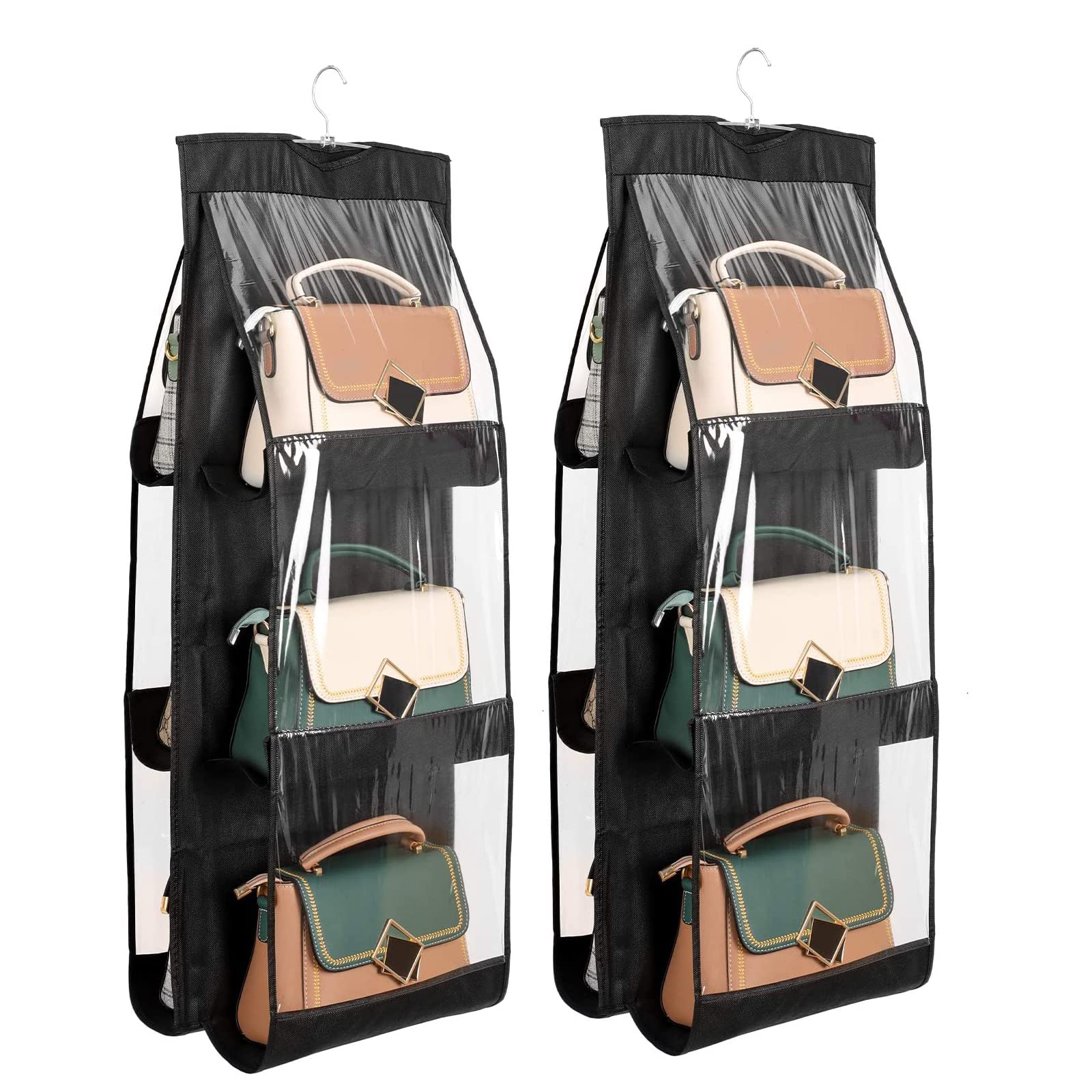 ZB.soar Hanging Handbag Organizer - 2 Pack with 6 Pockets Each, Premium Dustproof Purse Organizer for Closet & Wardrobe, Washable Handbag Storage for Women (Black) - Perfect for Travel, Home & Office Organization