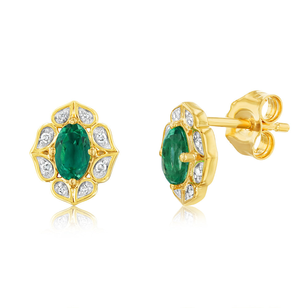 0.40 Carat Lab-Created Emerald and Diamond Oval Stud Earrings in 9K Yellow Gold | Elegant Gift for Women, Anniversary & Special Occasions