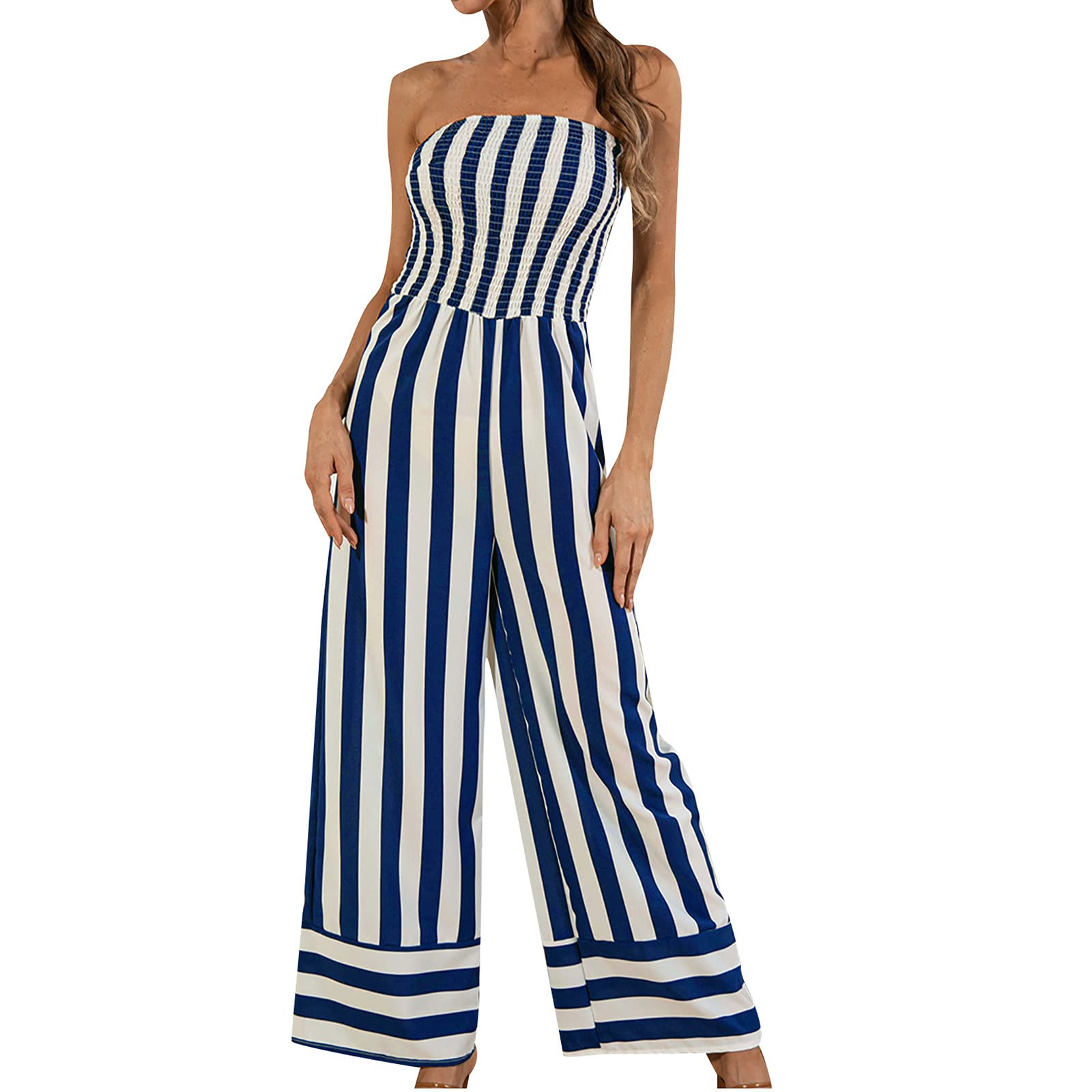 Pompotops Women's Fashion Casual Loose Jumpsuit - Sexy Strapless Striped Romper for Summer Outfits | Perfect for Beach, Party & Vacation Wear