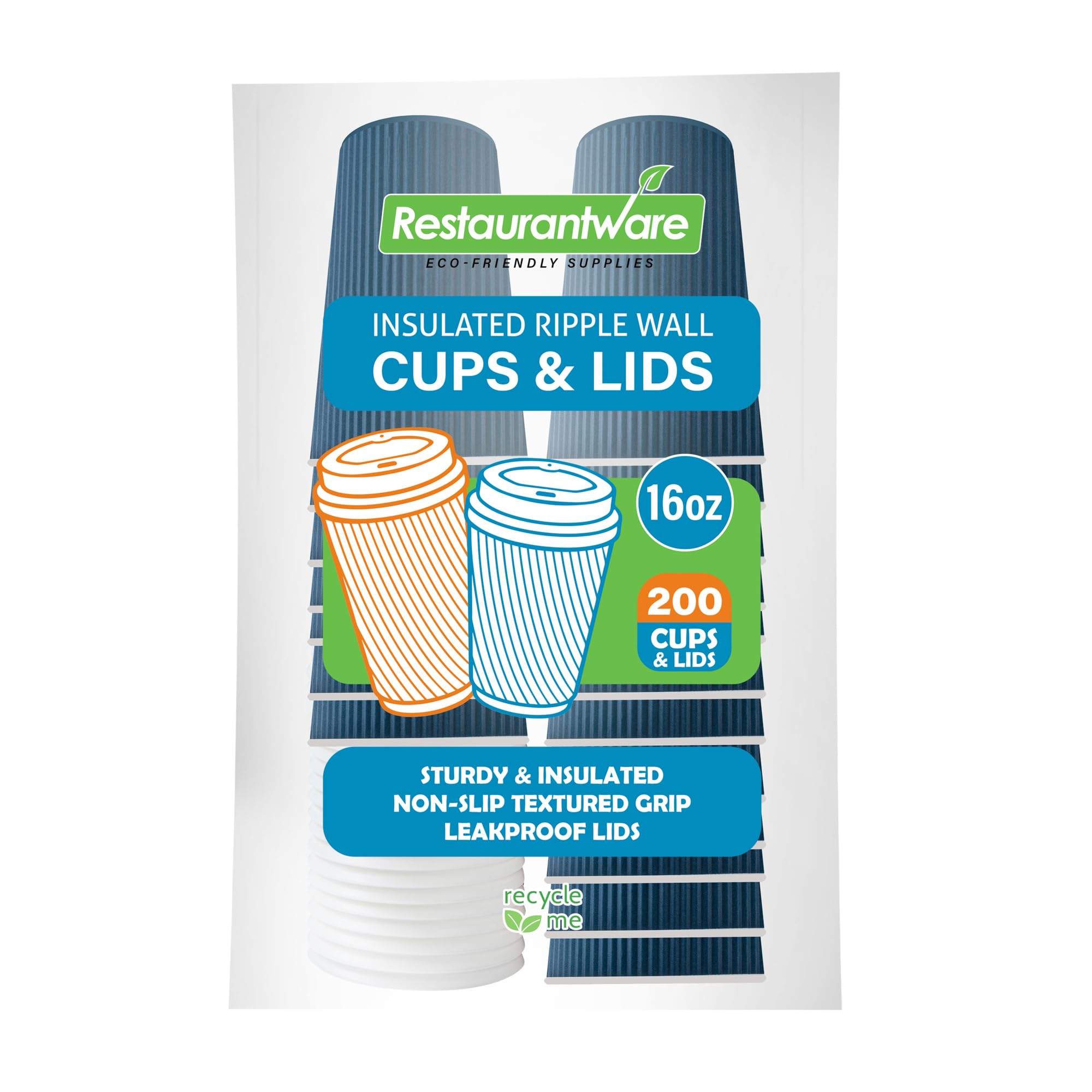 16oz Insulated Paper Coffee Cups with Lids (200 Pack) - Leakproof & Non-Slip Ripple Wall Hot Cups in Midnight Blue - Perfect for Coffee, Tea, Hot Chocolate & Lattes at Cafes, Offices & Events