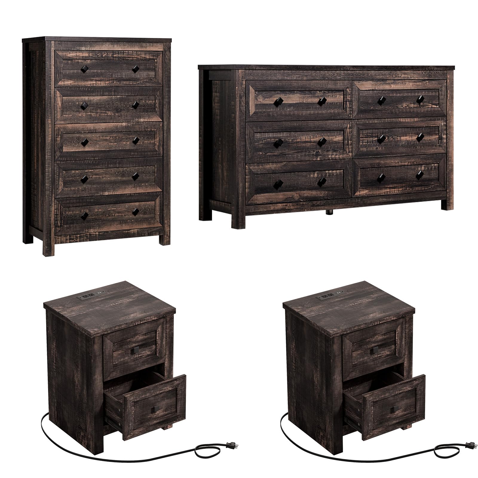 4-Piece Farmhouse Bedroom Furniture Set - Rustic Oak Wood Dresser (6-Drawer & 5-Drawer) with 2 Nightstands (Charging Station) - Dark Brown Farmhouse Style Bedroom Decor for Master Bedroom, Guest Room & Cozy Cabin Retreat