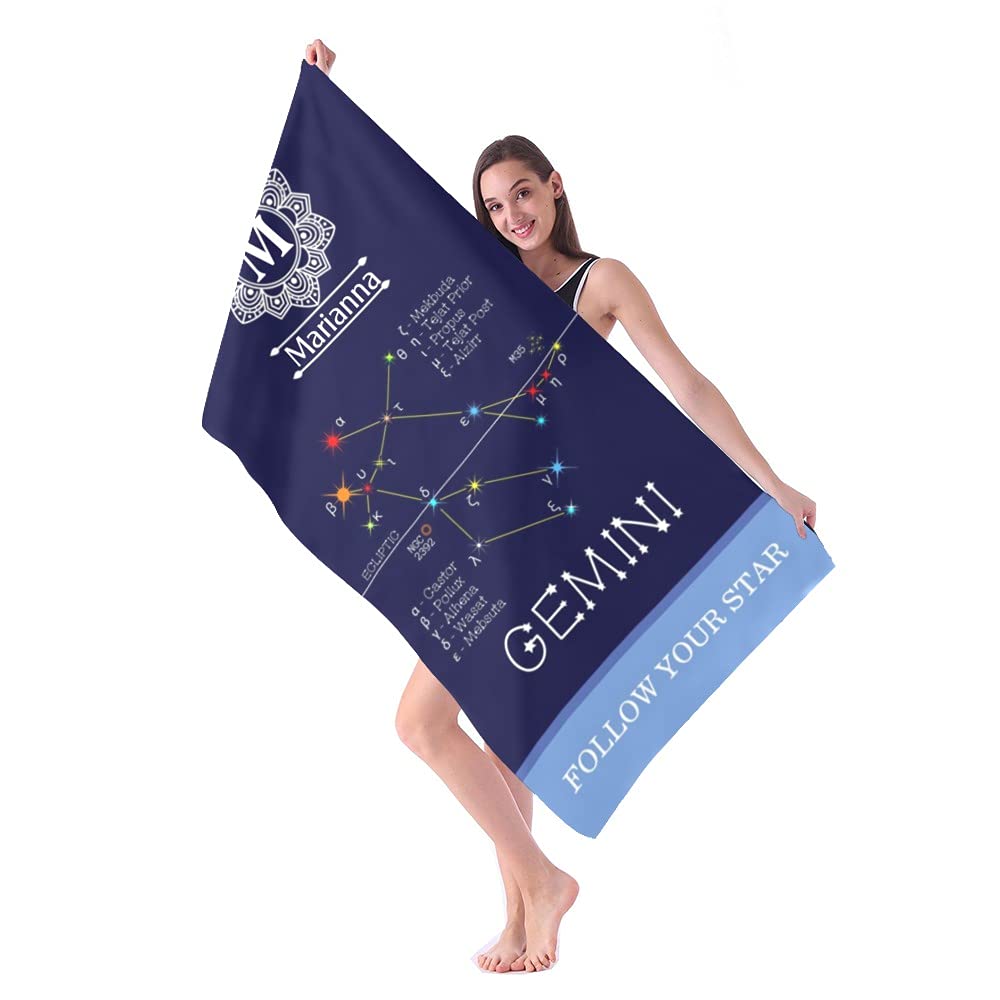 Custom Name Beach Towel - Zodiac Constellation Gemini Design | Quick Dry Absorbent Microfiber | Sand Proof Pool & Bath Towel for Kids, Girls, Boys & Adults | 30x60 Inch Blanket | Perfect for Beach, Pool, Gym & Travel