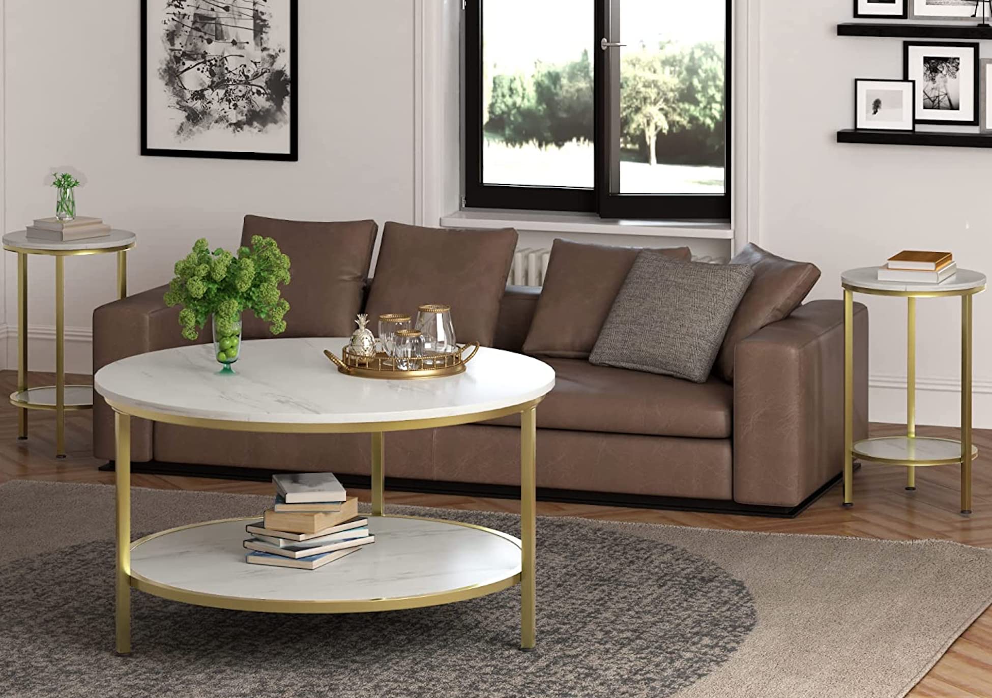 Yechen 3-Piece Coffee Table Set for Living Room - 2-Tier Round Coffee Table & 2 Accent End Tables with White Table Top and Gold Metal Frame - Perfect for Small Spaces, Modern Home Decor & Entertaining Guests