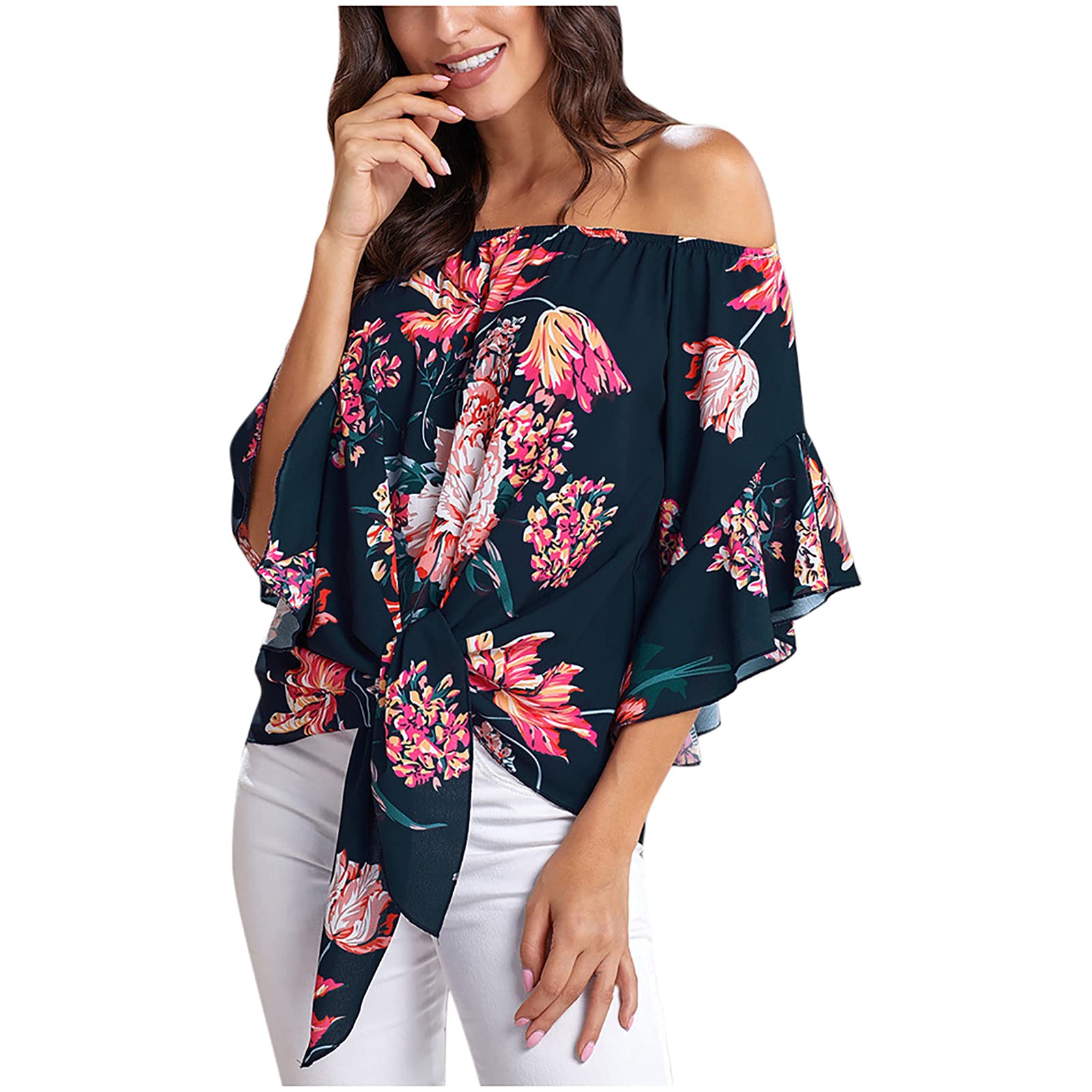Sexy Off Shoulder Summer Tops for Women - Floral Print Chiffon Blouse with Ruffle Sleeves, Casual Flowy Shirts | Perfect for Beach Vacation, Date Night & Summer Outfits