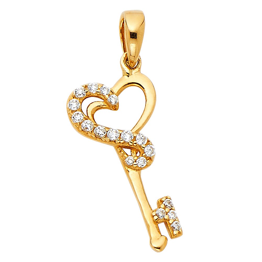 14K Real Yellow or White Gold CZ Key with Heart Charm Pendant - Elegant Jewelry Gift for Women, Perfect for Valentine's Day, Anniversary & Special Occasions