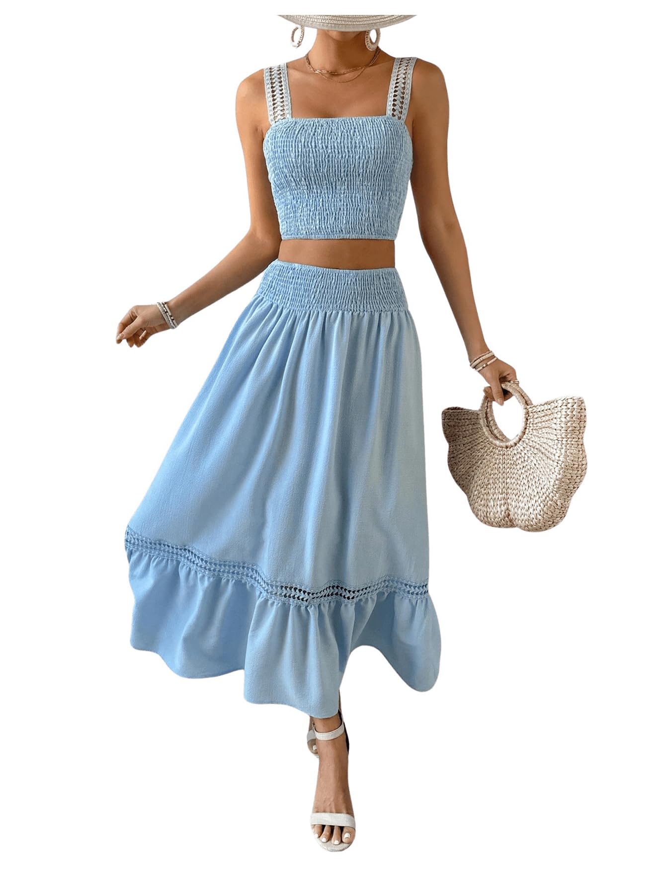 SweatyRocks Women's Summer Outfit Set - Floral Print Shirred Crop Camisole Top & Ruffled Hem Skirt 2 Piece Set | Casual Beach Wear, Vacation Outfits, Date Night Dresses
