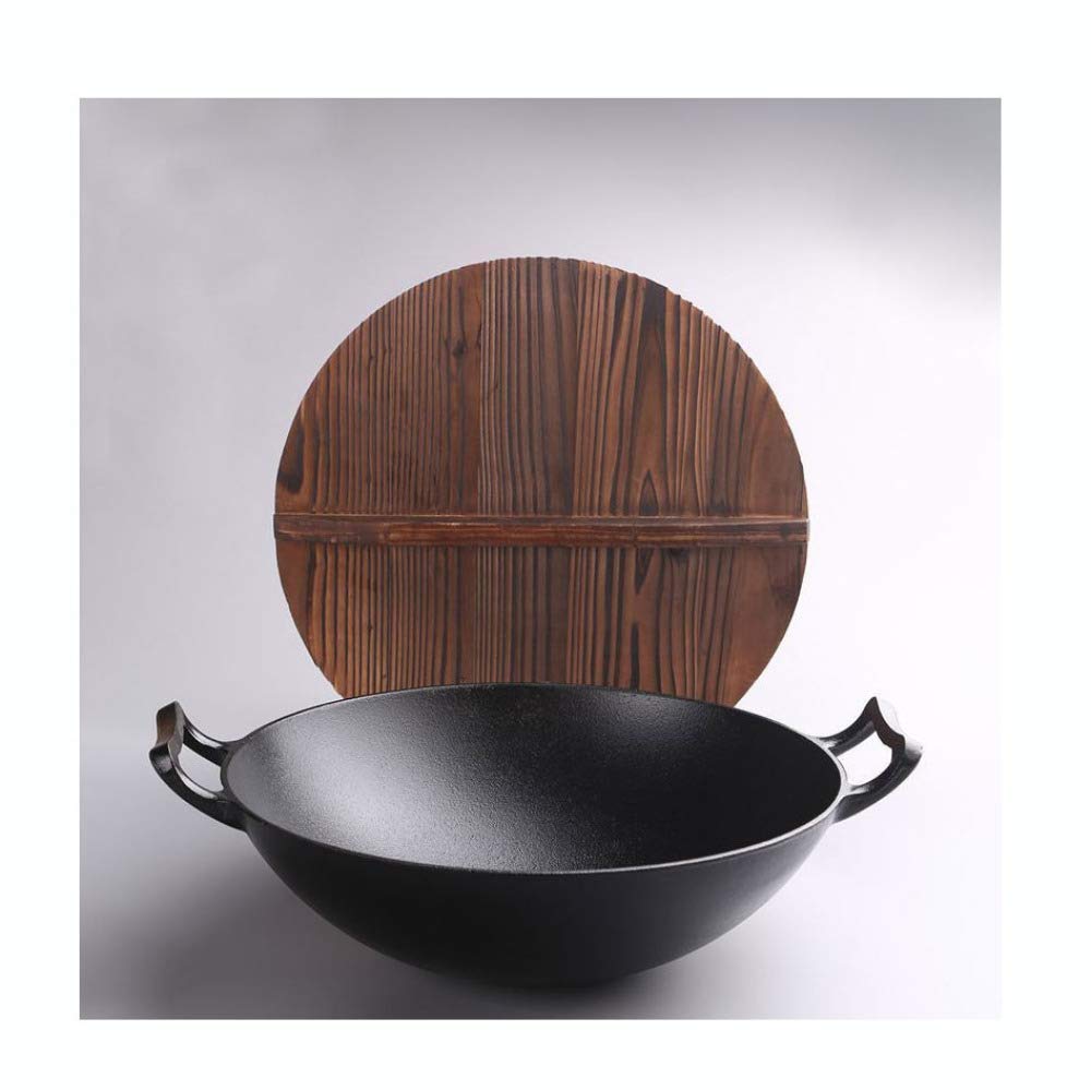**36cm Traditional Cast Iron Wok Pan - Uncoated Thickened Round Bottom Double-Ear Design for Stir-Frying, Deep Frying & Home Cooking - Durable Household Pig Iron Pot for Professional & Everyday Use**