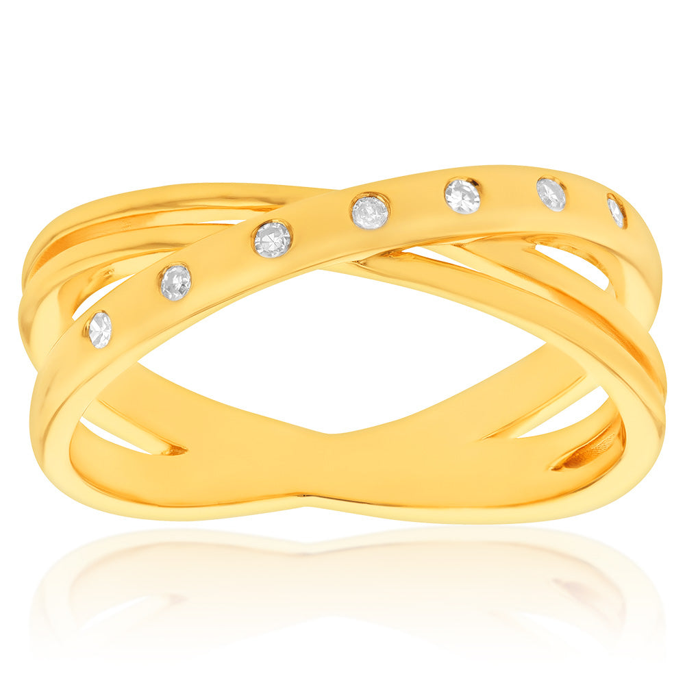 14K Gold Plated Sterling Silver Diamond Crossover Ring with 7 Genuine Diamonds - Elegant Jewelry for Women, Perfect for Weddings, Anniversaries & Gifts