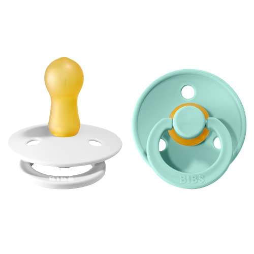 BIBS Colour Baby Pacifier 2-Pack - BPA Free Natural Rubber Latex Soother for Infants 6-18 Months | Made in Denmark | Round Nipple Dummy, Size 2 in White & Mint | Perfect for Daycare, Travel & Comforting Fussy Babies