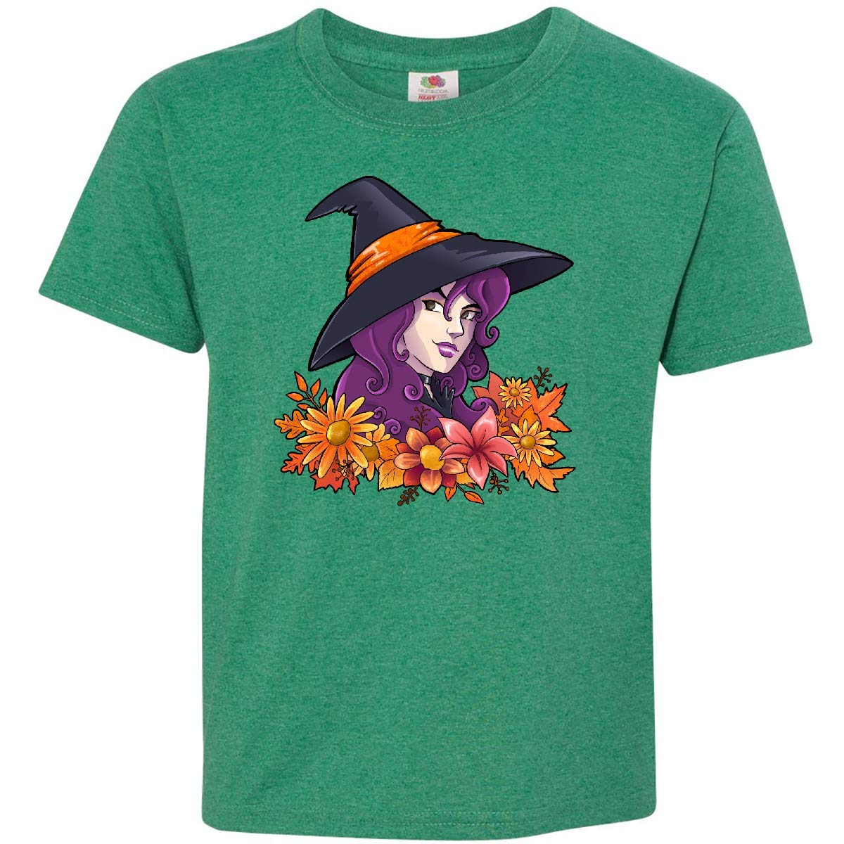 Inktastic Witch with Autumn Flowers and Leaves Youth T-Shirt | Halloween Costume, Fall Fashion, Witchy Apparel for Kids & Teens