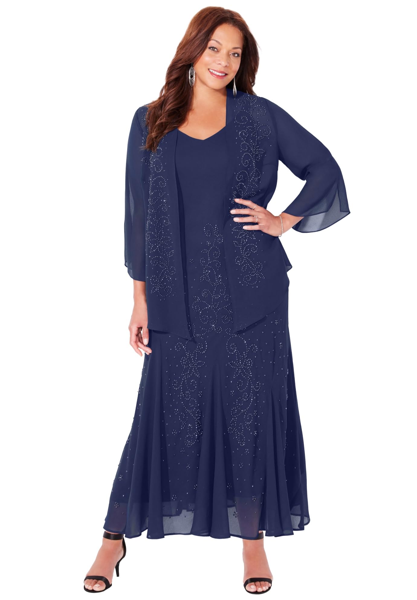 Catherines Women's Plus Size Masquerade Beaded Dress Set - Size 26W, Mariner Navy | Elegant Evening Gown for Parties, Weddings & Special Occasions
