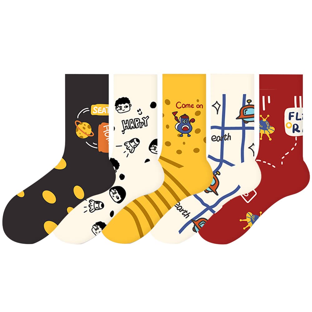 Tempsnow Women's Funny Patterned Cotton Crew Socks - 5 Pairs Cute Novelty Socks for Teens & Adults - Perfect for Gift, Casual Wear & Costume Outfits