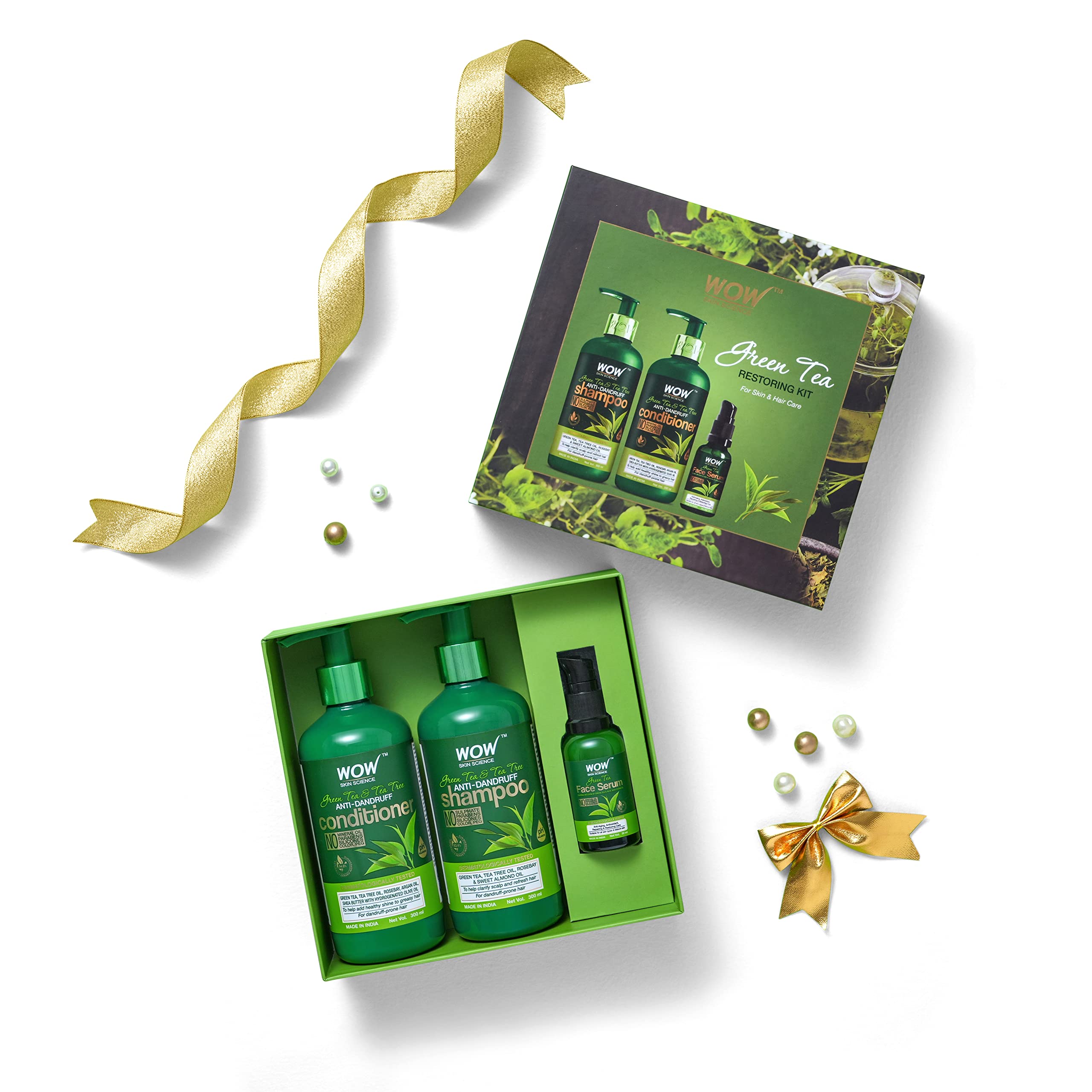 WOW Skin Science Green Tea Restoring Gift Kit for Men & Women - Premium Luxury Skin & Hair Care Set with Shampoo, Conditioner & Face Serum (3-Piece Combo) | Perfect for Diwali Gifts, Spa Days & Self-Care Routines