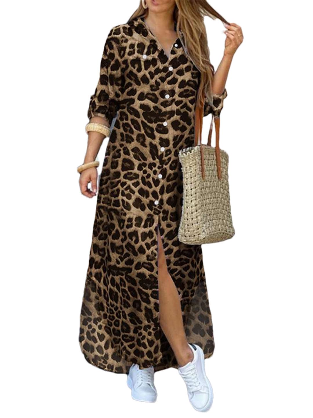 Vintage Leopard Print Party Dress for Women - Long Sleeve Casual Maxi Shirt Dress for Night Out, Date Night & Special Occasions