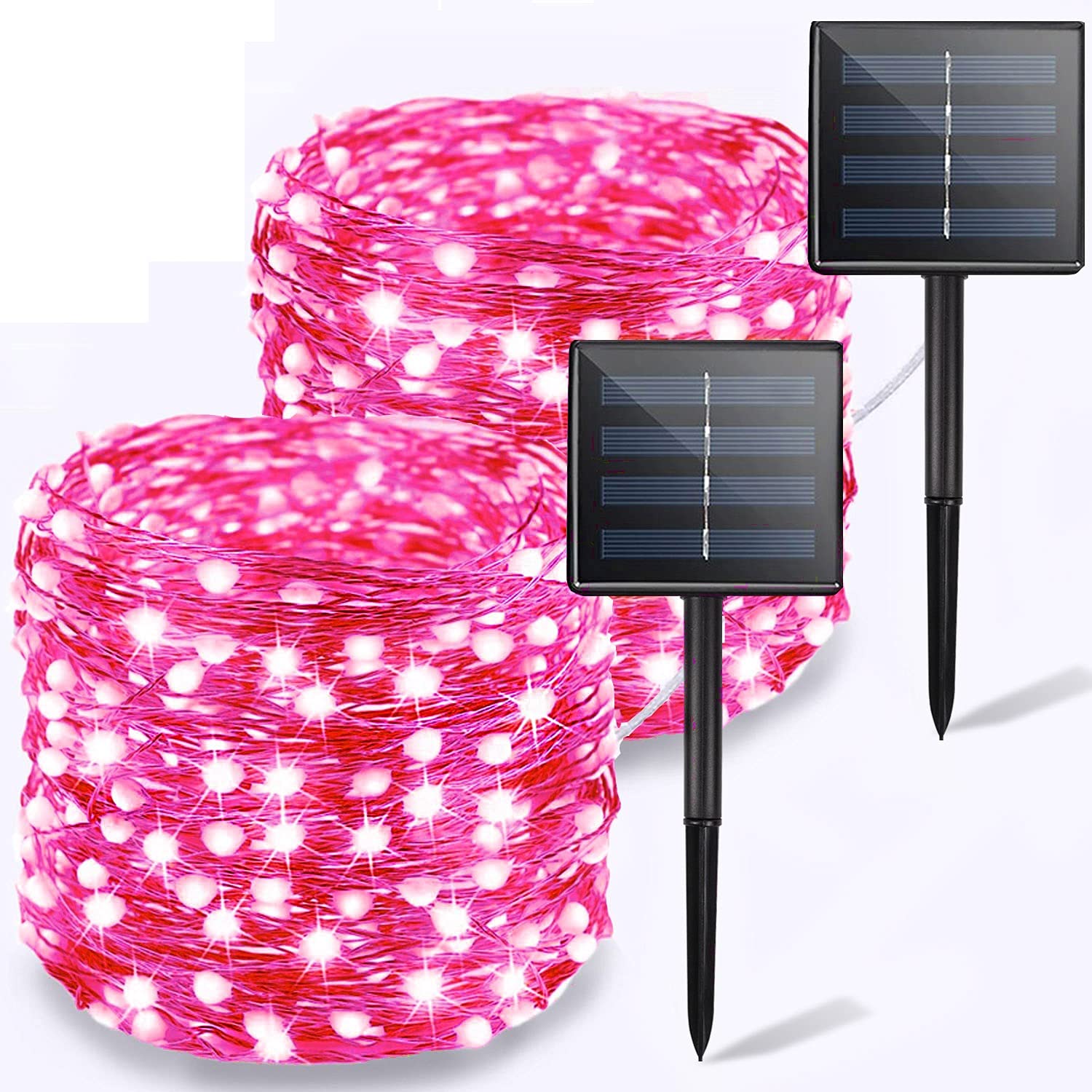 OZS-Solar String Lights Outdoor - 2 Pack 72ft 200 LED Pink Solar Fairy Lights with Copper Wire & 8 Lighting Modes | Waterproof Solar Powered Decorative Lights for Garden, Patio, Wedding, Party, Valentine's Day, Christmas Decor (Pink)