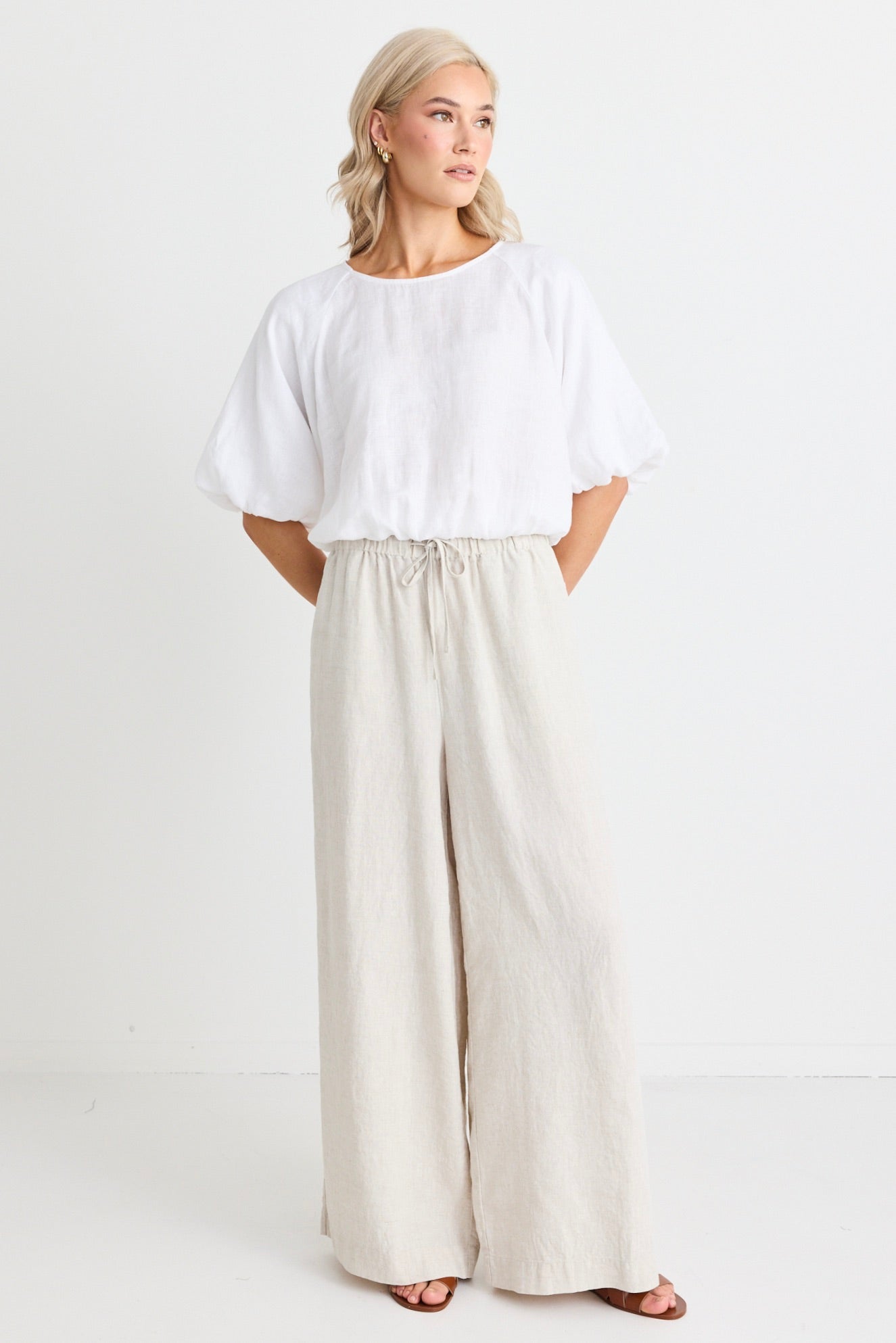 Resort Natural Linen Tie Waist Pull On Wide Leg Pants for Women - Comfortable Summer Beach Vacation & Casual Wear