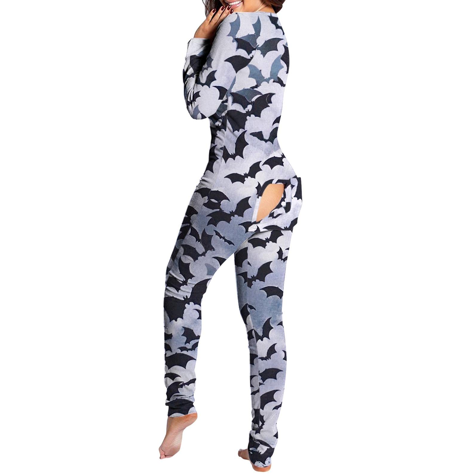 **JMMSlmax Women's Halloween Print Button-Down Pajama Set - Soft Sleepwear with Functional Buttoned Flap for Cozy Nights & Holiday Parties**