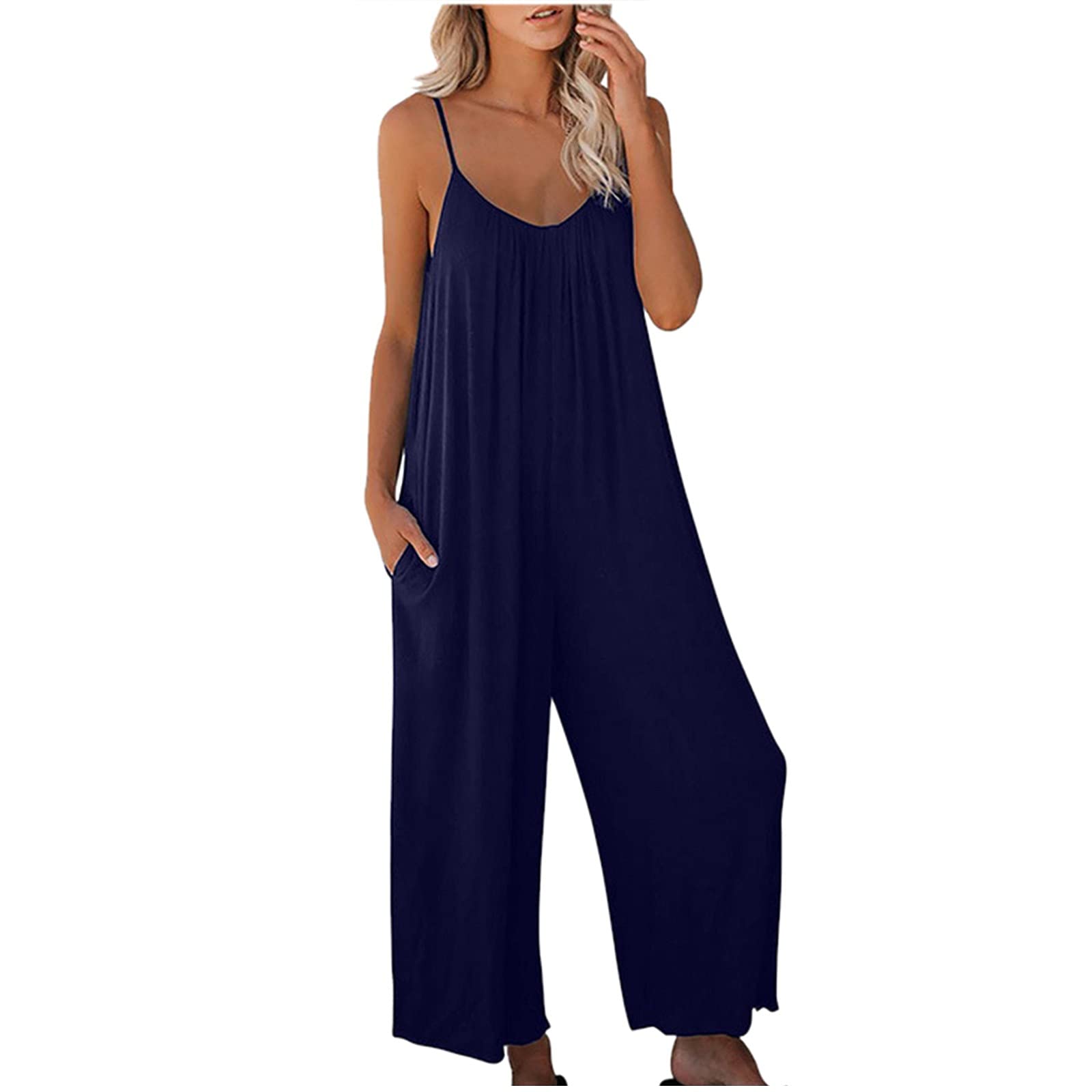 Women's Plus Size Summer Jumpsuit - Wide Leg Romper with Pockets for Casual Outings