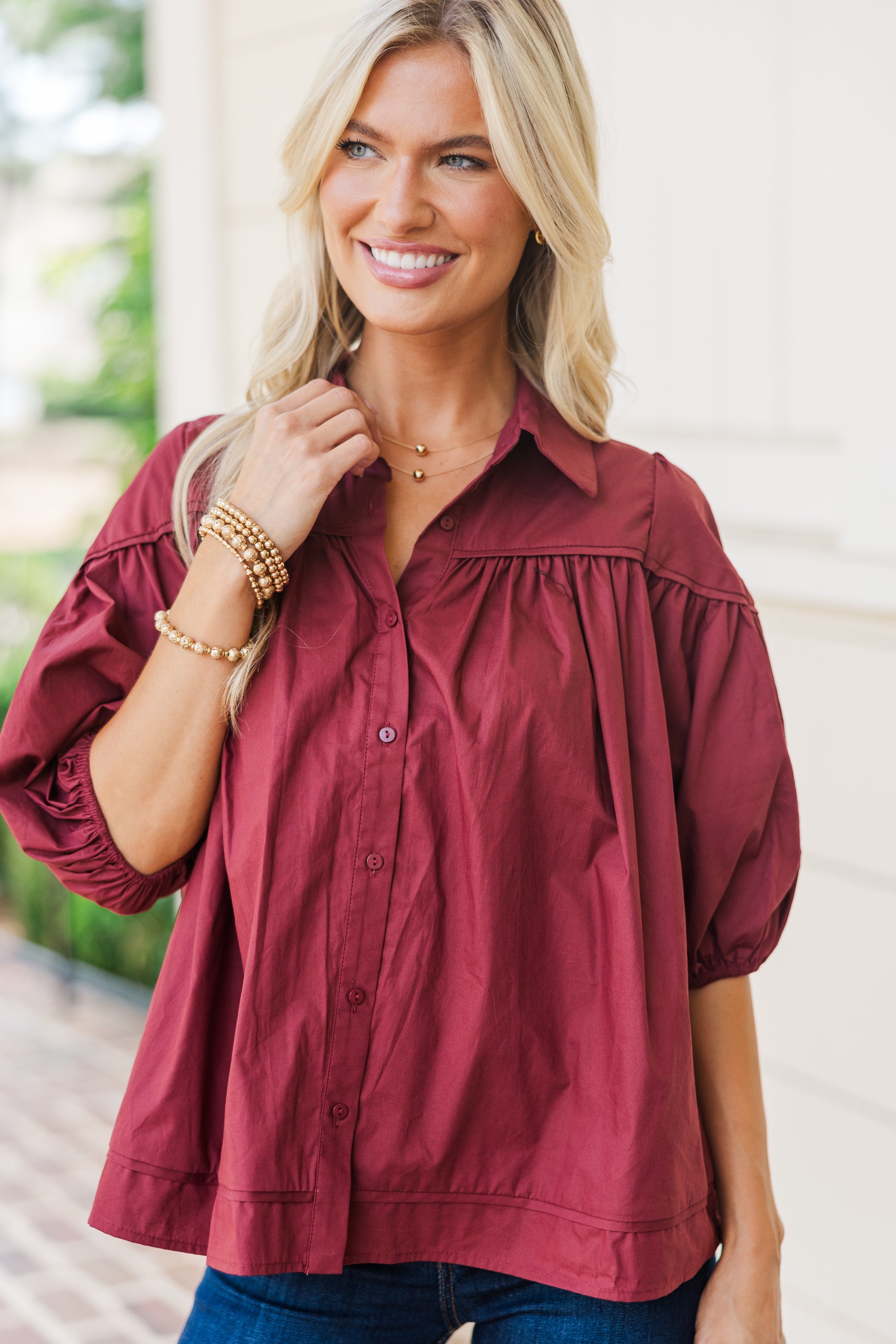 Stylish Brick Red Puff Sleeve Blouse for Women - Trendy Ruffled Top for Office, Date Night & Special Occasions