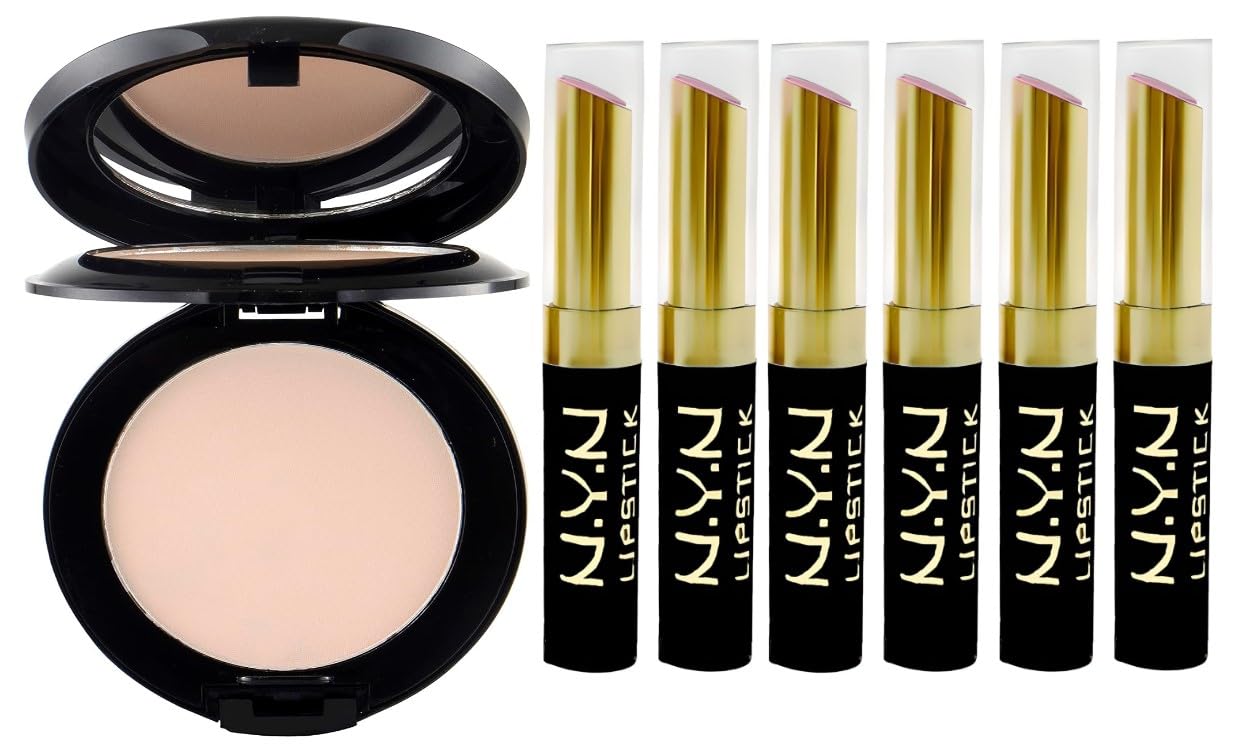 N.Y.N Beauty 6-Piece Multicolor Matte Lipstick Set with 2-in-1 Oil Control Compact Powder | Long-Lasting Smooth Finish | Perfect for Women's Daily Makeup & Special Occasions