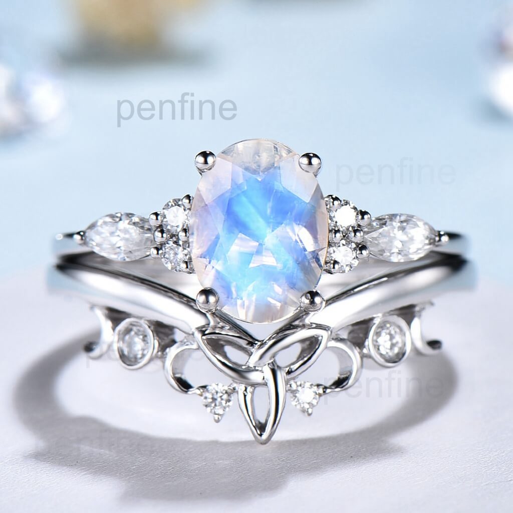 Viking Wedding Ring Set with Rainbow Moonstone - Norse Inspired Blue Oval Gemstone Engagement & Wedding Band for Women - Perfect for Handfasting Ceremonies, Pagan Weddings & Norse Themed Events