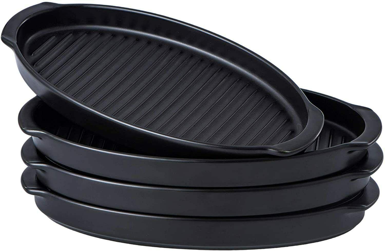 CompreDH 10-Inch Black Ceramic Oval Dinner Plates Set of 4 - Durable Grill Pan Serving Plates for Restaurants, Catering & Home Dining - Elegant Dinnerware Set for Everyday Meals, Parties & Special Occasions