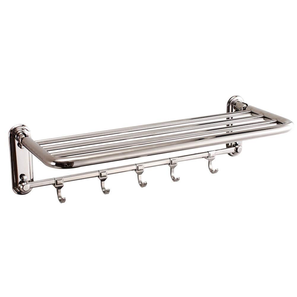 Stainless Steel Wall-Mounted Towel Rack with Hooks - Foldable Bathroom Shelf, Rustproof Space-Saving Storage for Towels & Toiletries | Perfect for Small Bathrooms, Laundry Rooms & Kitchen Use
