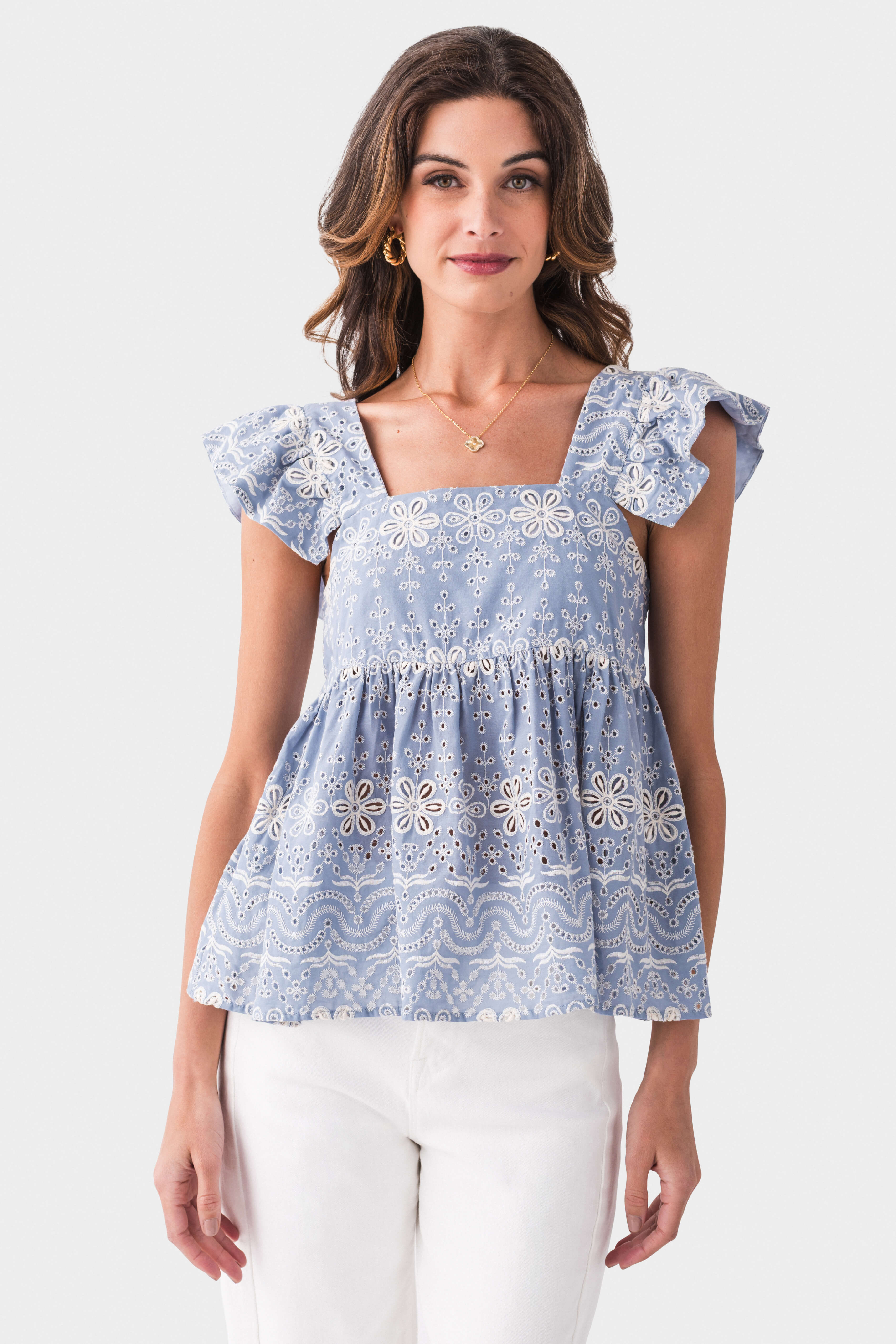 THML Flutter Sleeve Eyelet Embroidered Blouse - Women's Boho Chic Floral Top for Summer, Beach & Casual Outings