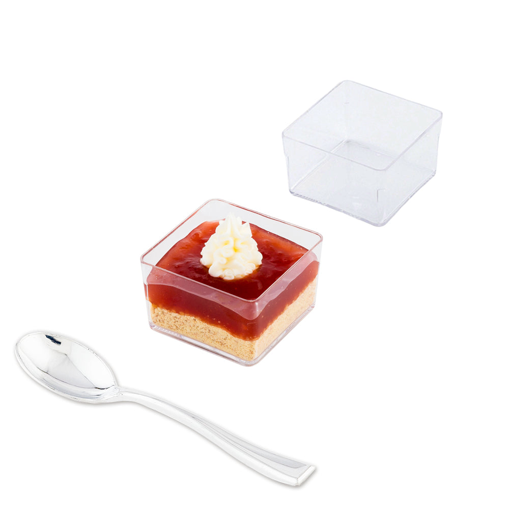 100 Pack 2 oz Square Clear Plastic Short Quadrato Cups with 100 Silver Mini Plastic Spoons - Perfect for Parties, Desserts, and Sampling Events